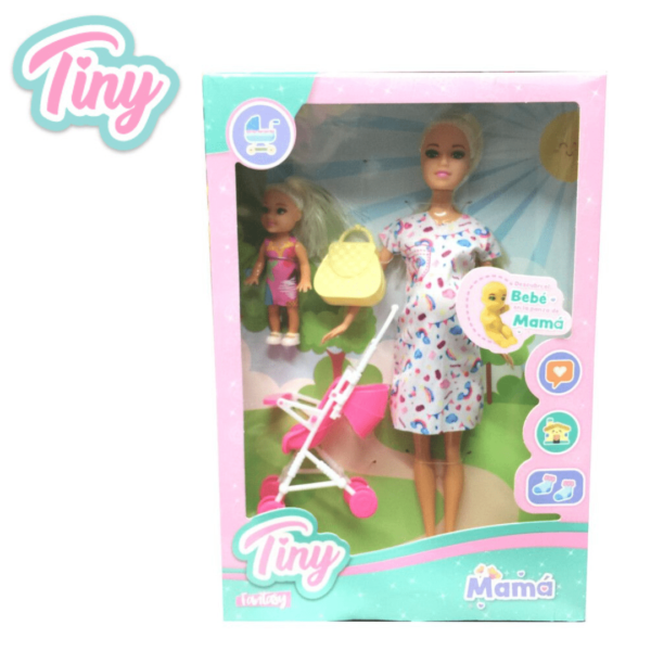 MUÑECA TINY EMBARAZADA C/ SU COCHECITO E HIJA